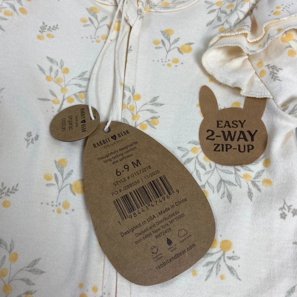 Rabbit + Bear Girls 6-9M Cream Floral Sleeper Set NEW 2-Way Zip Organic Cotton